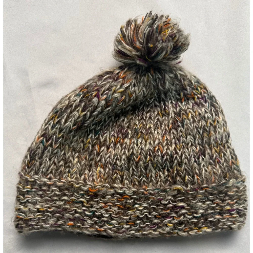 Pistil Beanie Pom Pom Knit Hat Brown Multi Color Fleece Lined Winter One Size